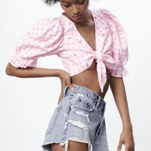 ZARA WOMAN NWT PINK-WHITE CROPPED GINGHAM TOP SIZE MEDIUM 0881/007 - Picture 3 of 8